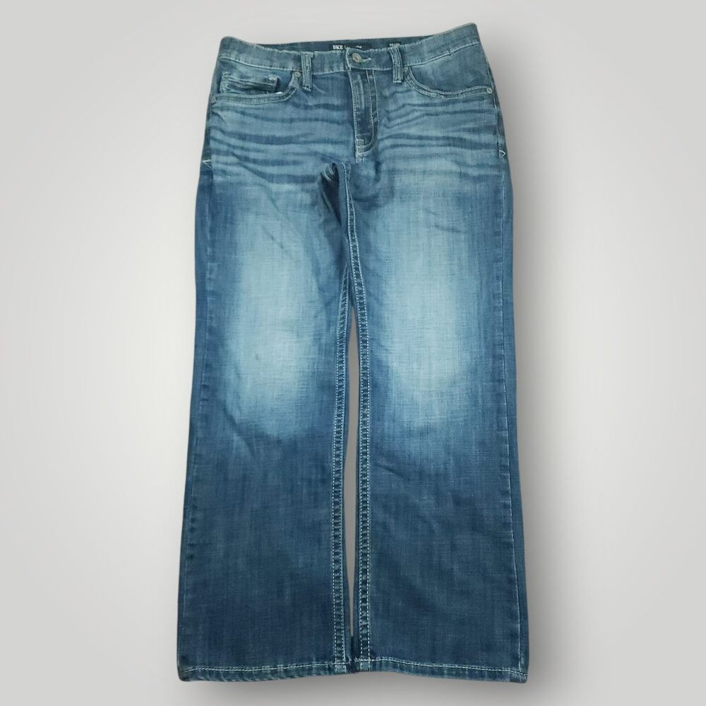 BKE Buckle Jeans Mens 34x30 Jake Straight Wide Leg Low Rise Distressed Whiskered